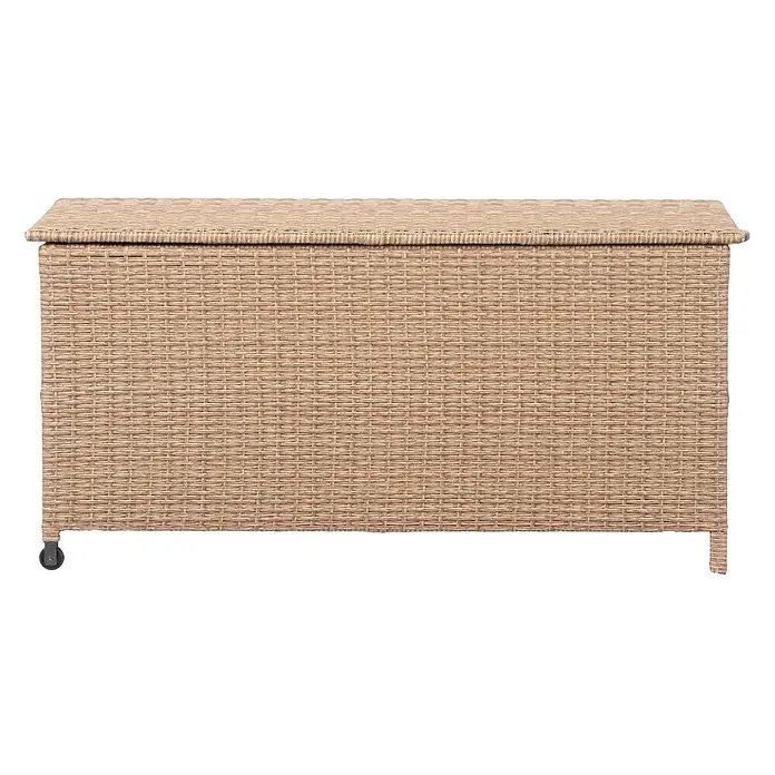 Ebuy24 Garten-Aufbewahrungsbox Victor - L x B x H: 45 x 123 x 51 cm, Natur, Aluminium - Hellbraune Rattan-Aufbewahrungsbox mit Deckel und Rollen.