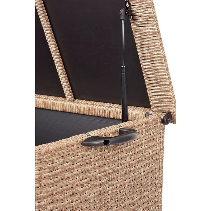 Ebuy24 Garten-Aufbewahrungsbox Victor - L x B x H: 45 x 123 x 51 cm, Natur, Aluminium - Offene braune Rattan-Aufbewahrungsbox mit dunklem Innenraum und Gasdruckfeder. Mit schwarzem Griff.