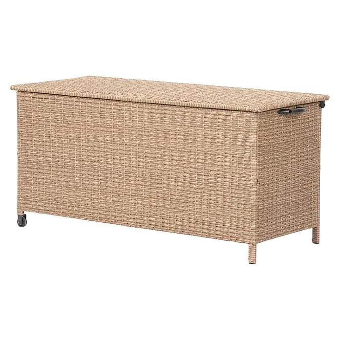 Ebuy24 Garten-Aufbewahrungsbox Victor - L x B x H: 45 x 123 x 51 cm, Natur, Aluminium - Helle, geflochtene Aufbewahrungsbox mit Deckel, Griffen und Rädern zur einfachen Mobilität.