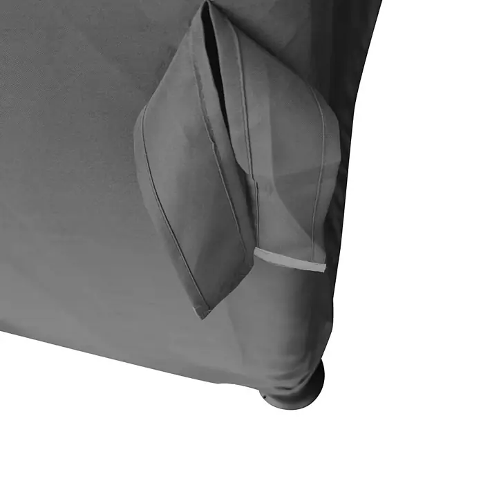 Outsunny Standard-Pavillon - Farbe Gestell: Schwarz, Aluminium - Dunkelgraue Stoffabdeckung mit einer gefalteten Lasche, die mit einem weißen Riemen befestigt ist.