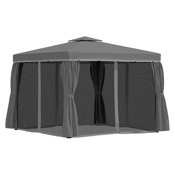 Outsunny Standard-Pavillon - Farbe Gestell: Schwarz, Aluminium - Grauer quadratischer Pavillon mit Stoffdach, Netzwänden und zugebundenen grauen Sichtschutzvorhängen. Ideal für Schatten und Insektenschutz im Freien.