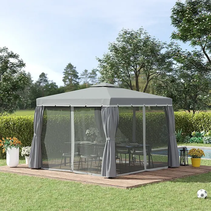 Outsunny Standard-Pavillon - Farbe Gestell: Schwarz, Aluminium - Grauer Outdoor-Pavillon mit Moskitonetz und Vorhängen, auf einer Holzterrasse zum Essen im Garten.