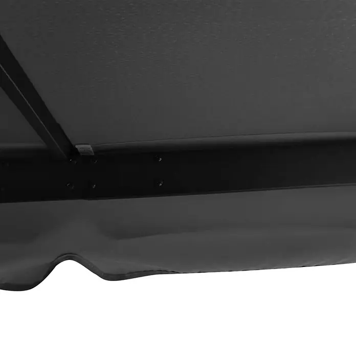 Outsunny Standard-Pavillon - Farbe Gestell: Schwarz, Aluminium - Unterseite einer schwarzen Stoffüberdachung mit sichtbarem Metallrahmen und Befestigungspunkten.