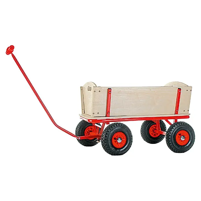 Bollerwagen Bubi - L x B x H: 88 x 60 x 56 cm, Holz - Ein roter Bollerwagen mit Holzkorpus und großen, schwarzen Rädern, ideal für Kinder zum Spielen und Transportieren.