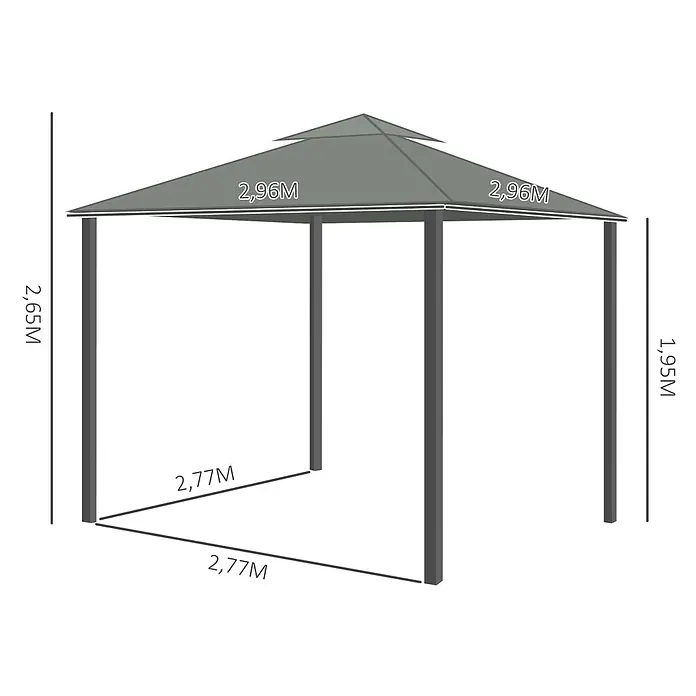 Outsunny Standard-Pavillon - Farbe Gestell: Schwarz, Aluminium - Grauer quadratischer Pavillon mit zweistufigem Pyramidendach, Maße für Höhe und Breite angegeben.