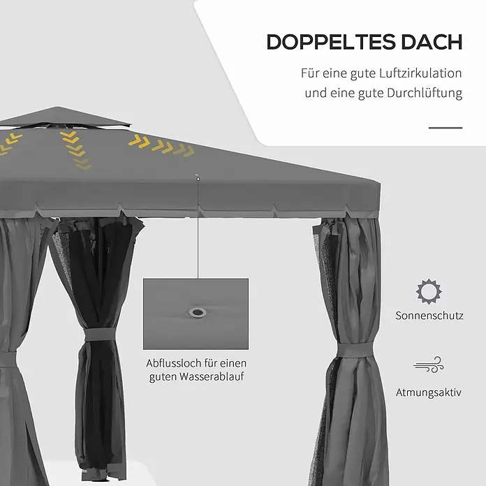 Outsunny Standard-Pavillon - Farbe Gestell: Schwarz, Aluminium - Graues Gartenpavillon mit Doppeldach für Belüftung, Abflussloch und seitlichen Vorhängen.