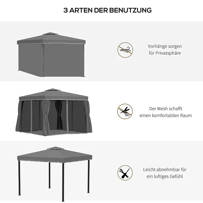 Outsunny Standard-Pavillon - Farbe Gestell: Schwarz, Aluminium - Graues Pavillon mit drei Konfigurationen: blickdichte Vorhänge, Netzwände für Insektenschutz und offenes Dach für ein luftiges Gefühl.