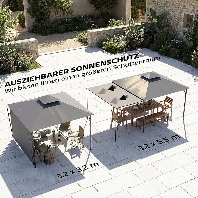 Outsunny Standard-Pavillon - Farbe Gestell: Dunkelgrau, Metall - Zwei graue Pavillons auf einer Terrasse; einer kompakt (3,2x3,2m), der andere ausziehbar (3,2x5,5m) mit zusätzlichem Dach für mehr Schatten. Ausziehbarer Sonnenschutz.