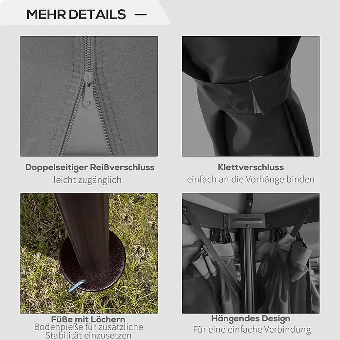 Outsunny Standard-Pavillon - Farbe Gestell: Schwarz, Aluminium - Produktdetails: Doppelreißverschluss, Klettbänder für Vorhänge, Standfüße mit Löchern für Erdnägel und ein Hängedesign.