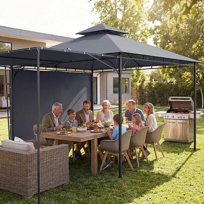 Outsunny Standard-Pavillon - Farbe Gestell: Dunkelgrau, Metall - Dunkelgrauer Pavillon mit Seitenwänden, der einer Familie beim Essen im sonnigen Garten Schatten spendet, mit Grill im Hintergrund.