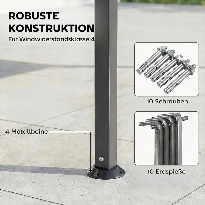 Outsunny Standard-Pavillon - Farbe Gestell: Dunkelgrau, Metall - Dunkelgraues Metall-Pavillonbein verankert, mit 10 Ankerschrauben und 10 Erdspießen für robuste, windbeständige Konstruktion.