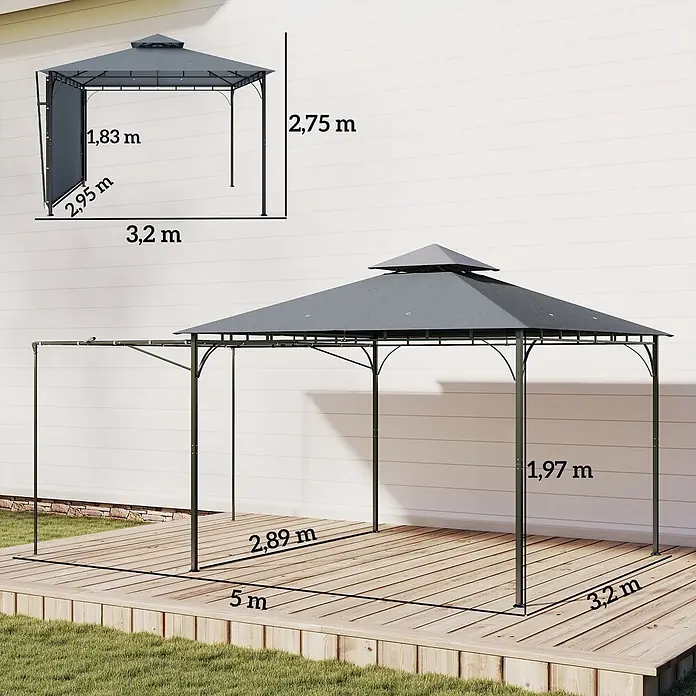 Outsunny Standard-Pavillon - Farbe Gestell: Dunkelgrau, Metall - Grauer Pavillon aus Metall und Stoff mit Seitenwand, auf Holzterrasse mit Maßen für Länge, Breite und Höhe.