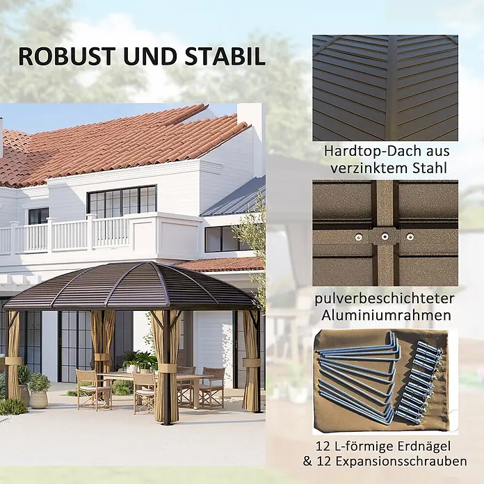 Outsunny Standard-Pavillon - B x T: 298 x 298 cm, Farbe Gestell: Braun, Aluminium - Robustes braunes Gartenpavillon mit verzinktem Stahl-Hardtopdach und pulverbeschichtetem Aluminiumrahmen auf einer Terrasse. Inkl. Erdnägel und Schrauben.