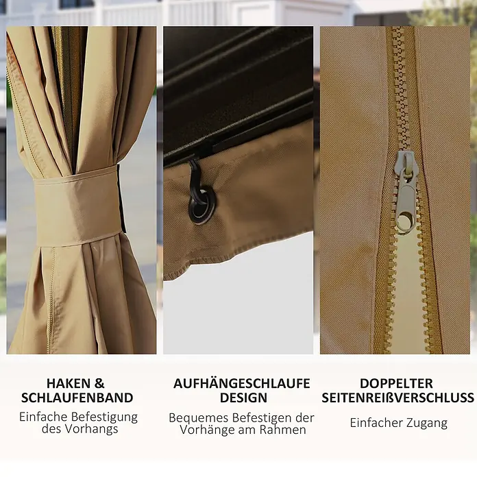 Outsunny Standard-Pavillon - B x T: 298 x 298 cm, Farbe Gestell: Braun, Aluminium - Nahaufnahmen beiger Vorhänge: Klettverschluss, Aufhängeschlaufen und seitlicher Reißverschluss für einfache Befestigung und Zugang.