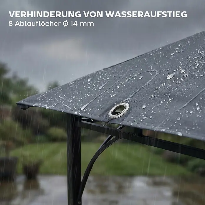 Outsunny Standard-Pavillon - Farbe Gestell: Dunkelgrau, Metall - Dunkelgraues Pavillondach im Regen mit 8 sichtbaren Ablauföffnungen (Ø 14 mm) zur Verhinderung von Wasseransammlungen.