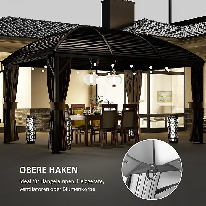 Outsunny Standard-Pavillon - B x T: 298 x 298 cm, Farbe Gestell: Braun, Aluminium - Dunkelbraunes Metall-Gartenpavillon mit Vorhängen als Essbereich, inklusive oberer Haken.
