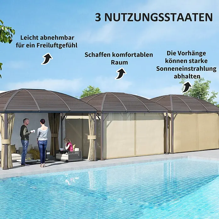 Outsunny Standard-Pavillon - B x T: 298 x 298 cm, Farbe Gestell: Braun, Aluminium - Drei modulare braune Pavillons mit beigen Vorhängen am Pool, verschiedene Konfigurationen für Schatten und Außenbereiche zeigend.