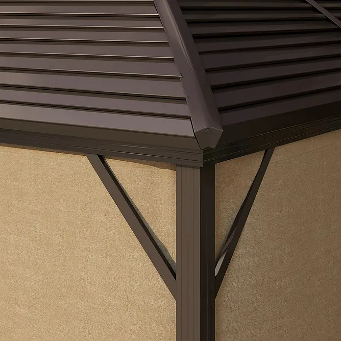 Outsunny Standard-Pavillon - B x T: 298 x 298 cm, Farbe Gestell: Braun, Aluminium - Ecke eines Pavillons mit dunkelbraunem Lamellen-Metalldach, passenden Trägern und hellbraunen Stoffwänden.