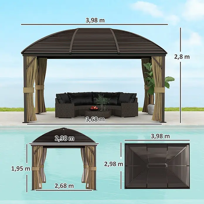 Outsunny Standard-Pavillon - B x T: 298 x 298 cm, Farbe Gestell: Braun, Aluminium - Brauner Pavillon mit beigen Vorhängen und Maßen, am Pool mit Meerblick.