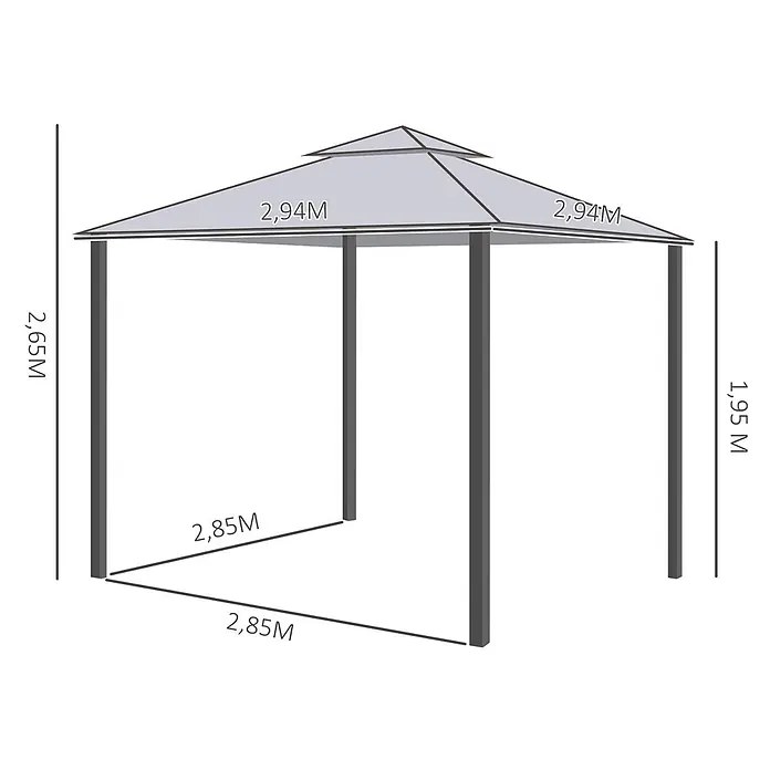 Outsunny Standard-Pavillon - Farbe Gestell: Dunkelgrau, Metall - Graues Gartenpavillon mit gestuftem Dach und dunkelgrauen Stangen. Verschiedene Maße sind angegeben.