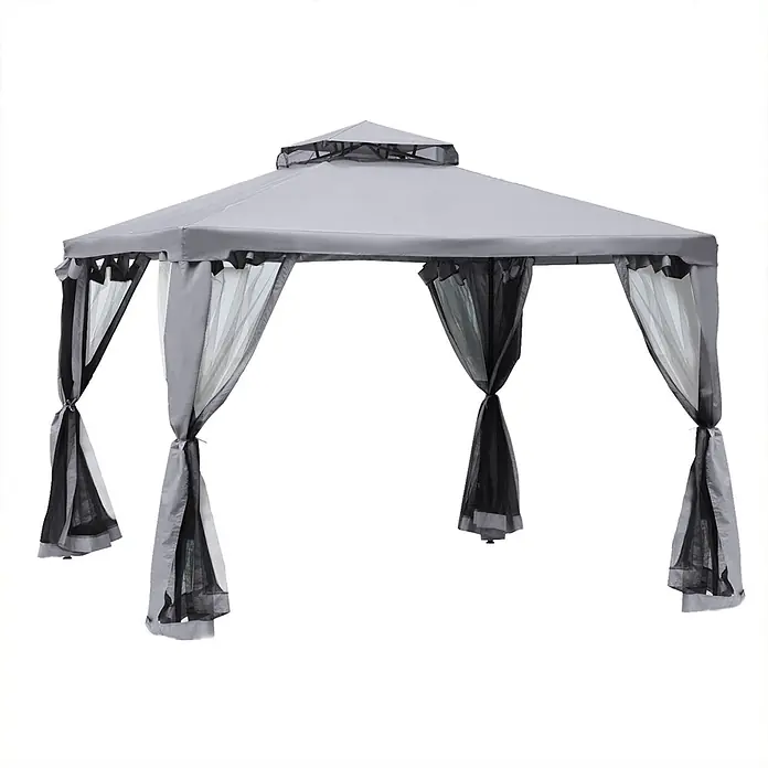 Outsunny Standard-Pavillon - Farbe Gestell: Dunkelgrau, Metall - Grauer Outdoor-Pavillon mit doppelstufigem Dach und zurückgebundenen schwarzen Netz- und weißen Sichtschutzvorhängen.