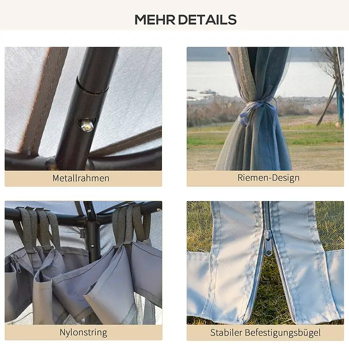 Outsunny Standard-Pavillon - Farbe Gestell: Dunkelgrau, Metall - Details einer grauen Netz-Außenkonstruktion: stabiler Metallrahmen, Stoff-Haltebänder und Reißverschlussöffnung.