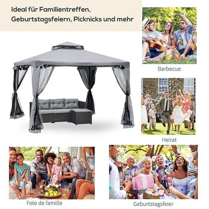Outsunny Standard-Pavillon - Farbe Gestell: Dunkelgrau, Metall - Grauer Pavillon mit Moskitonetzen und Rattanmöbeln, ideal für diverse Outdoor-Events.