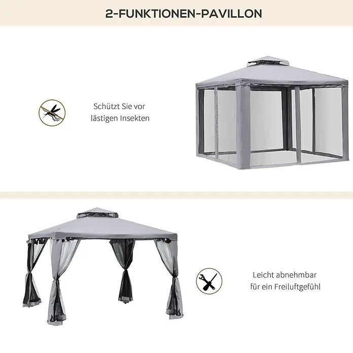 Outsunny Standard-Pavillon - Farbe Gestell: Dunkelgrau, Metall - Grauer 2-Funktionen-Pavillon mit Insektenschutznetzen und der Option, diese für ein offenes Freiluftgefühl zu entfernen.