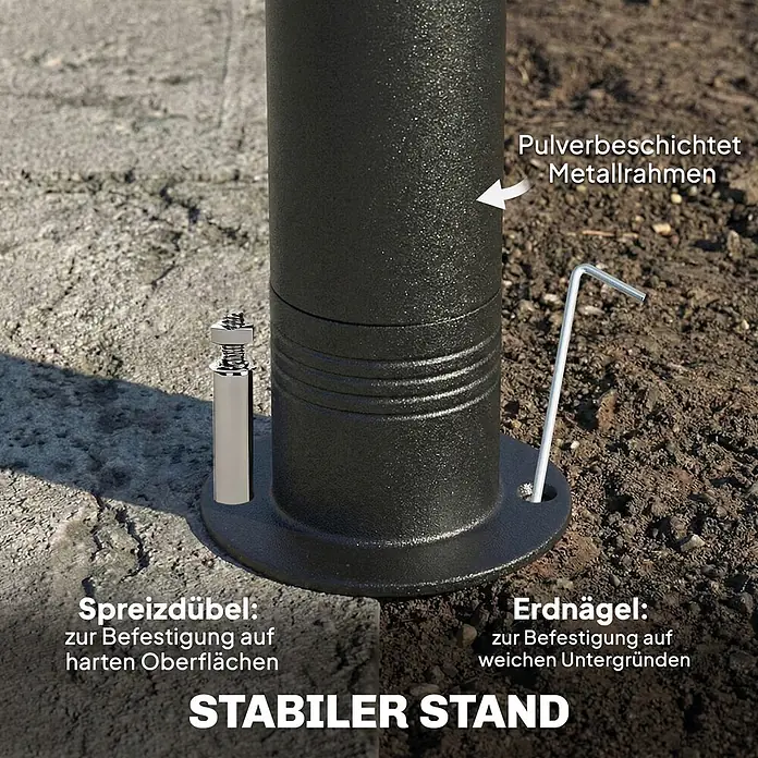 Outsunny Standard-Pavillon - Farbe Gestell: Dunkelgrau - Schwarze pulverbeschichtete Metallbasis mit Spreizdübeln für harte und Erdnägeln für weiche Oberflächen.