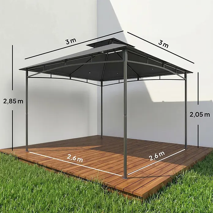 Outsunny Standard-Pavillon - Farbe Gestell: Dunkelgrau - Dunkelgrauer Metallpavillon mit Stoffdach auf Holzterrasse, zeigt Gesamtmaße von 3m x 3m Dach, 2,6m x 2,6m Boden und Höhen von 2,85m und 2,05m.