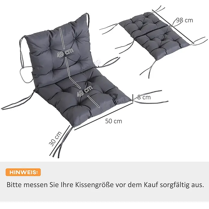 Outsunny Sitzauflage - Niederlehner, 2 Stk., Oxford, Schaumstoff, Grau - Dunkelgraues gestepptes Stuhlkissen mit zwei Abschnitten und Befestigungsbändern. Maße 98x50x8 cm.