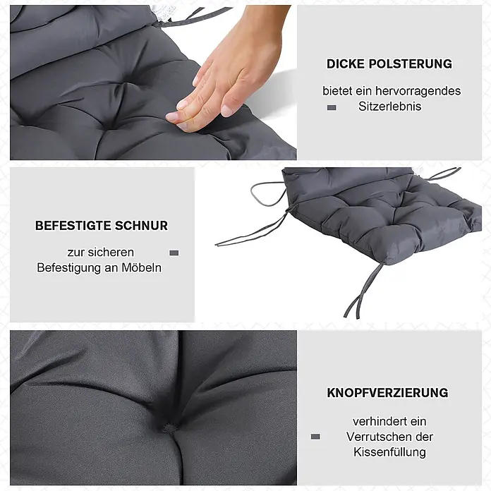 Outsunny Sitzauflage - Niederlehner, 2 Stk., Oxford, Schaumstoff, Grau - Dunkelgraues Outdoor-Kissen mit dicker Polsterung, Befestigungsschnüren und Knopfverzierung.