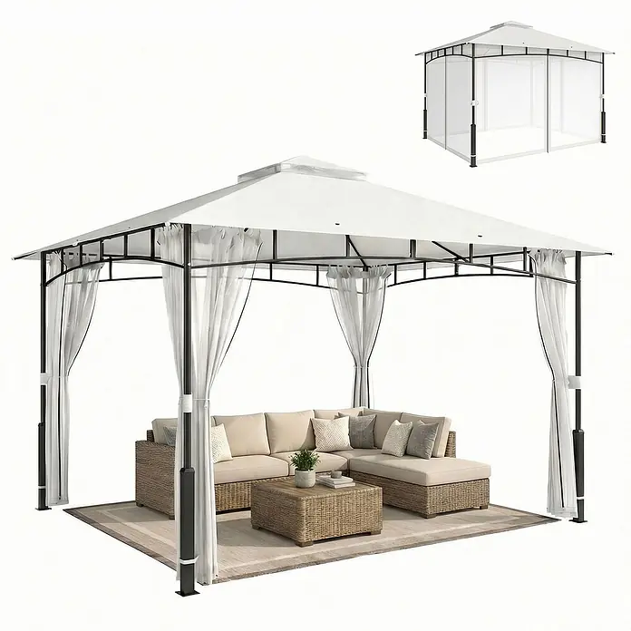 Outsunny Standard-Pavillon - Farbe Gestell: Schwarz, Metall - Weißes Gartenpavillon mit dunklem Rahmen, weißen Vorhängen und einer Rattan-Sitzgruppe mit beigen Kissen. Einsatz zeigt Moskitonetz.