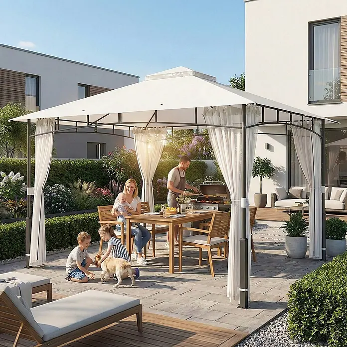 Outsunny Standard-Pavillon - Farbe Gestell: Schwarz, Metall - Weißer Pavillon mit dunkelgrauem Rahmen im Garten, spendet Schatten für Mahlzeiten und Familienaktivitäten.