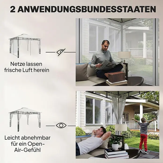 Outsunny Standard-Pavillon - Farbe Gestell: Schwarz, Metall - Ein weißer Pavillon mit und ohne Moskitonetze, der seine wandelbare Konstruktion für Insektenschutz und Open-Air-Gefühl zeigt.