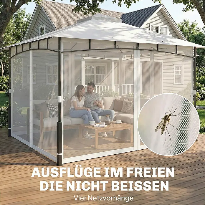 Outsunny Standard-Pavillon - Farbe Gestell: Schwarz, Metall - Weißer Pavillon mit dunklem Rahmen und feinen Netzvorhängen auf Holzdeck, bietet insektenfreien Außenbereich zur Entspannung.