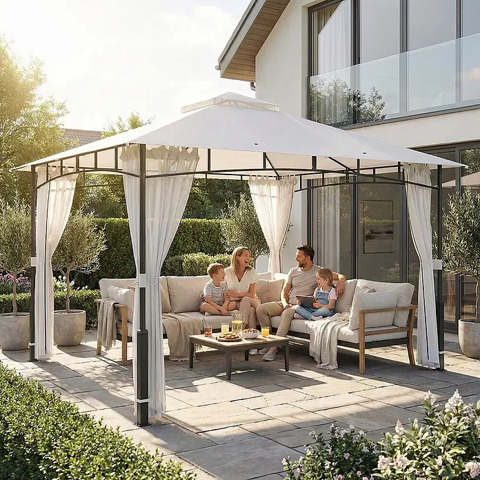 Outsunny Standard-Pavillon - Farbe Gestell: Schwarz, Metall - Weißes Gartenpavillon mit schwarzem Metallrahmen und weißen Vorhängen, das einer Familie auf der Terrasse Schatten spendet.