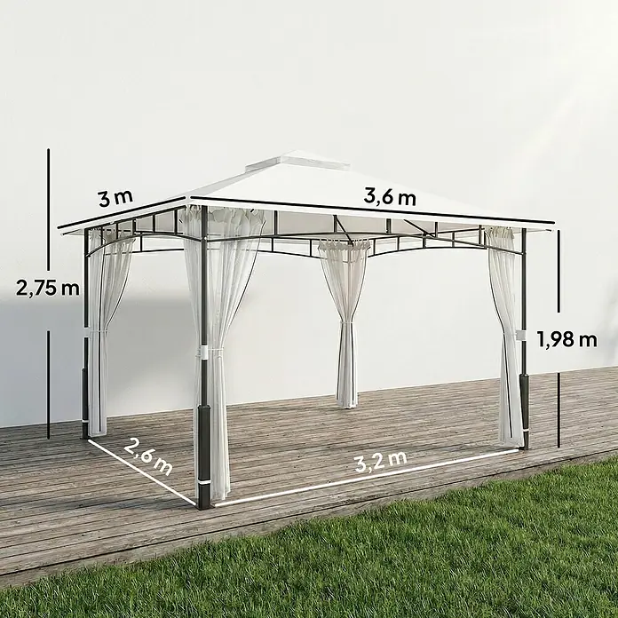 Outsunny Standard-Pavillon - Farbe Gestell: Schwarz, Metall - Gartenpavillon mit weißem Dach, dunklem Gestell und weißen Vorhängen auf Holzterrasse, Maße angegeben.