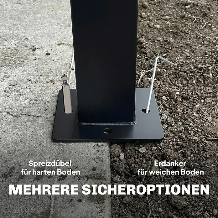 Outsunny Standard-Pavillon - Farbe Gestell: Schwarz, Metall - Schwarze Metallpfostenbasis mit Spreizdübel für harten Boden und Erdanker für weichen Boden zur Befestigung.