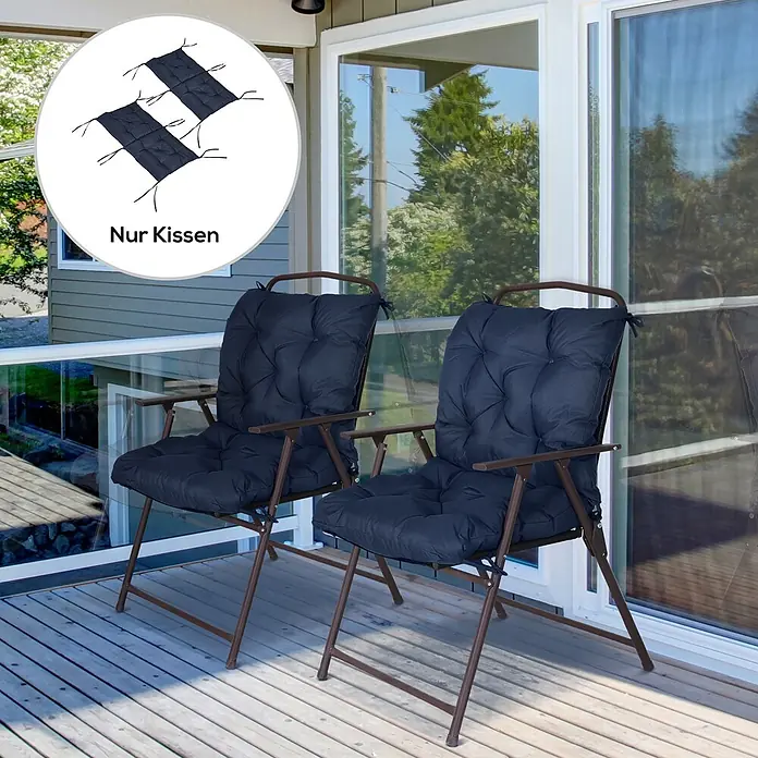 Outsunny Sitzauflage - Niederlehner, 2 Stk., Polyester, Schaumstoff, Blau - Zwei dunkelblaue, gesteppte Stuhlkissen mit Bändern, auf Outdoor-Klappstühlen dargestellt. Nur Kissen.