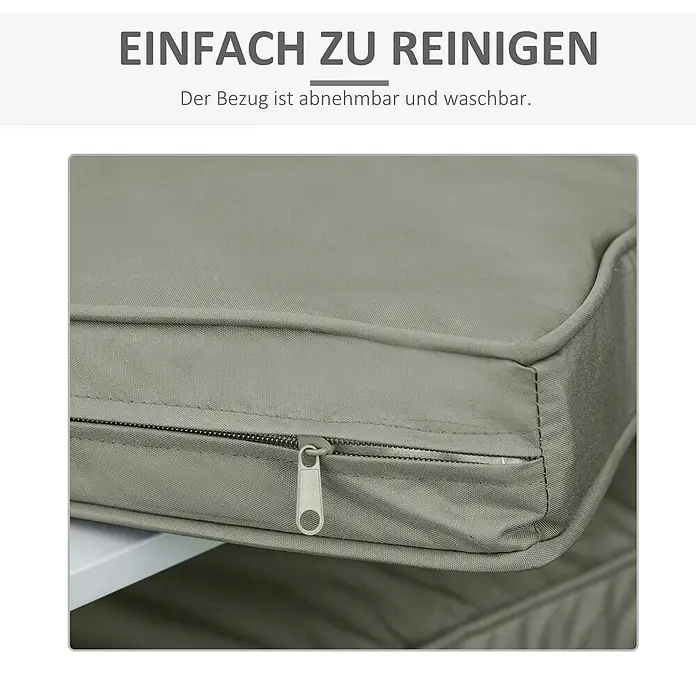Outsunny Sitzauflage - Niederlehner, 1 Stk., 100% Polyester, Dunkelgrau - Nahaufnahme eines grauen Stoffkissens mit sichtbarem Reißverschluss, der auf einen abnehmbaren und waschbaren Bezug hinweist.