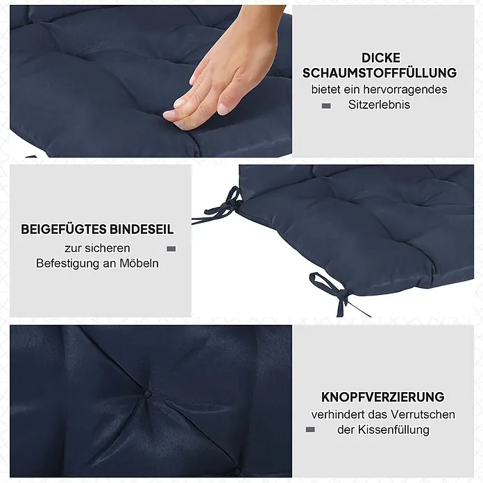 Outsunny Sitzauflage - Niederlehner, 2 Stk., Polyester, Schaumstoff, Blau - Dunkelblaues, getuftetes Sitzkissen mit dicker Schaumstofffüllung, Bindebändern und Knopfverzierung zur Fixierung und Komfort.