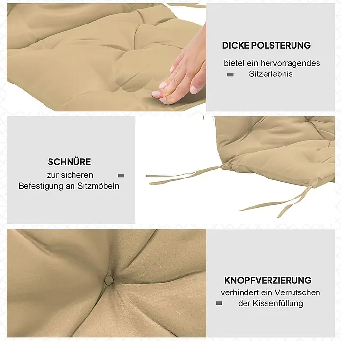 Outsunny Sitzauflage - Niederlehner, 2 Stk., Polyester, Schaumstoff, Khaki - Beiges Outdoor-Sitzkissen mit dicker Polsterung, Schnüren zur Befestigung und Knopfverzierung gegen Verrutschen der Füllung.