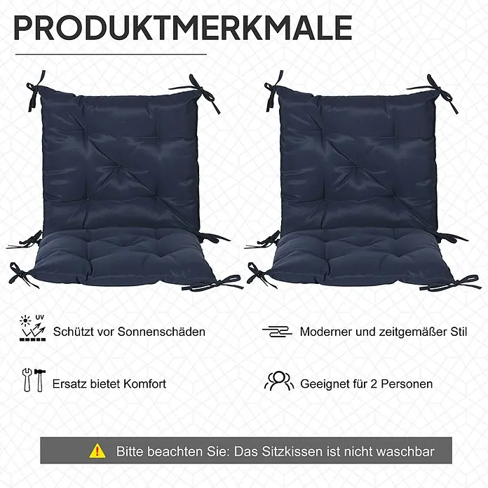 Outsunny Sitzauflage - Niederlehner, 2 Stk., Polyester, Schaumstoff, Blau - Zwei dunkelblaue, gesteppte Sitzkissen mit Bindebändern.