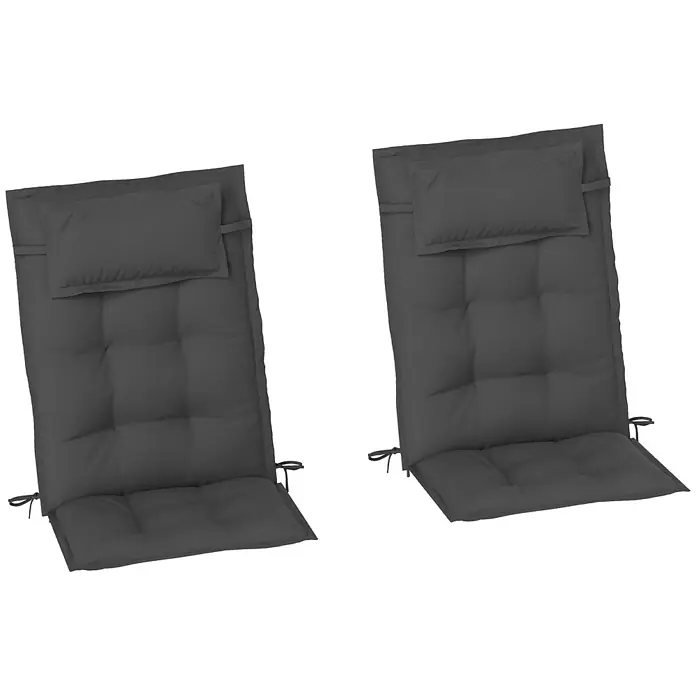 Outsunny Sitzauflage - Hochlehner, 2 Stk., L x B x H: 116 x 50 x 5 cm, 100% Polyester, Dunkelgrau - Zwei dunkelgraue Gartenstuhlauflagen mit integrierten Kopfstützen und Befestigungsbändern.