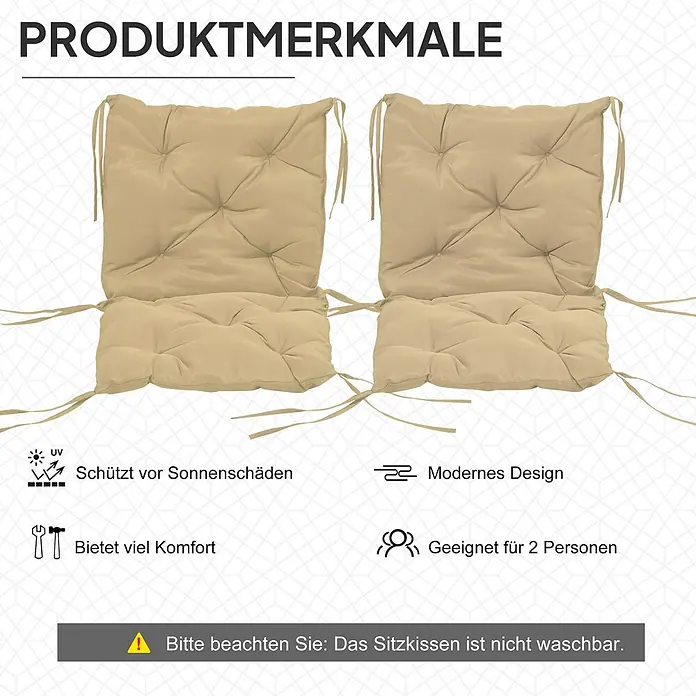 Outsunny Sitzauflage - Niederlehner, 2 Stk., Polyester, Schaumstoff, Khaki - Zwei beige gesteppte Sitzkissen mit Bändern zur Befestigung an Möbeln.