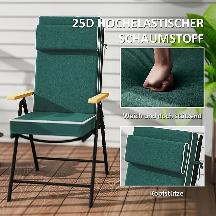 Outsunny Sitzauflage - Hochlehner, 1 Stk., L x B x H: 120 x 47 x 9,5 cm, 100% Polyester, Grün - Grüner Outdoor-Stuhl mit hochelastischen Schaumstoffkissen für weichen, stützenden Komfort und einer Kopfstütze auf einer Holzterrasse.