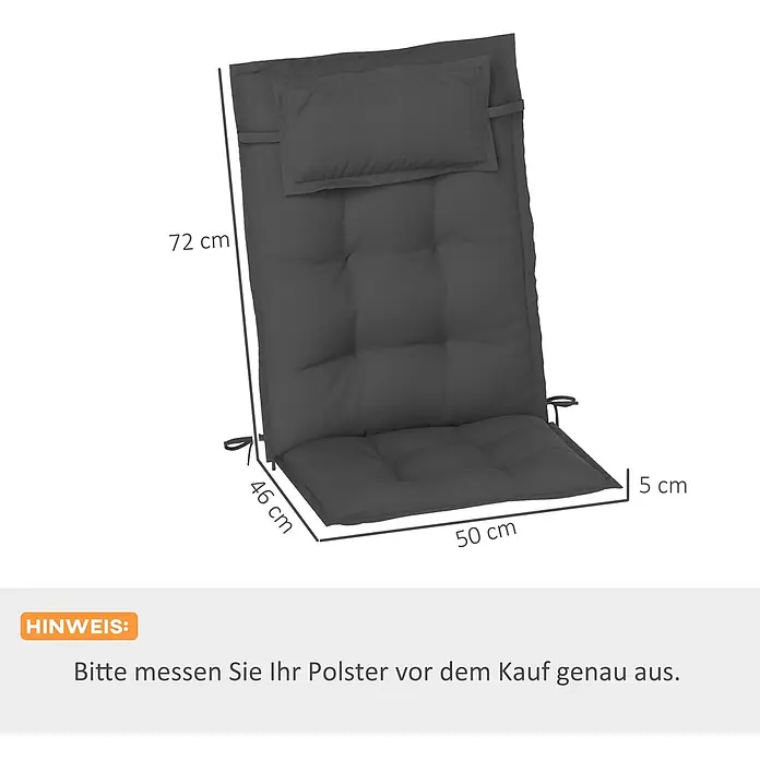 Outsunny Sitzauflage - Hochlehner, 2 Stk., L x B x H: 116 x 50 x 5 cm, 100% Polyester, Dunkelgrau - Dunkelgraues gestepptes Stuhlkissen mit integrierter Kopfstütze.