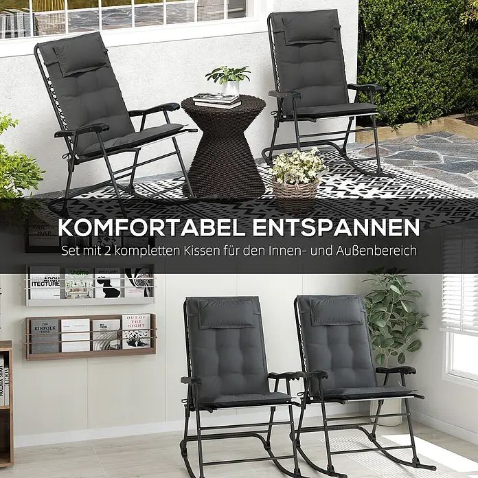 Outsunny Sitzauflage - Hochlehner, 2 Stk., L x B x H: 116 x 50 x 5 cm, 100% Polyester, Dunkelgrau - 2 dunkelgraue Schaukelstühle mit weichen Kissen für den Innen- und Außenbereich, geeignet für Terrasse oder Wohnzimmer.