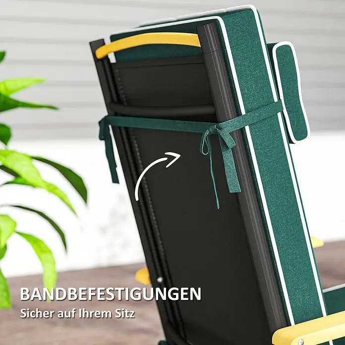 Outsunny Sitzauflage - Hochlehner, 1 Stk., L x B x H: 120 x 47 x 9,5 cm, 100% Polyester, Grün - Grünes Stuhlkissen mit weißer Paspelierung, mit passenden Stoffbändern am Stuhlrahmen befestigt.